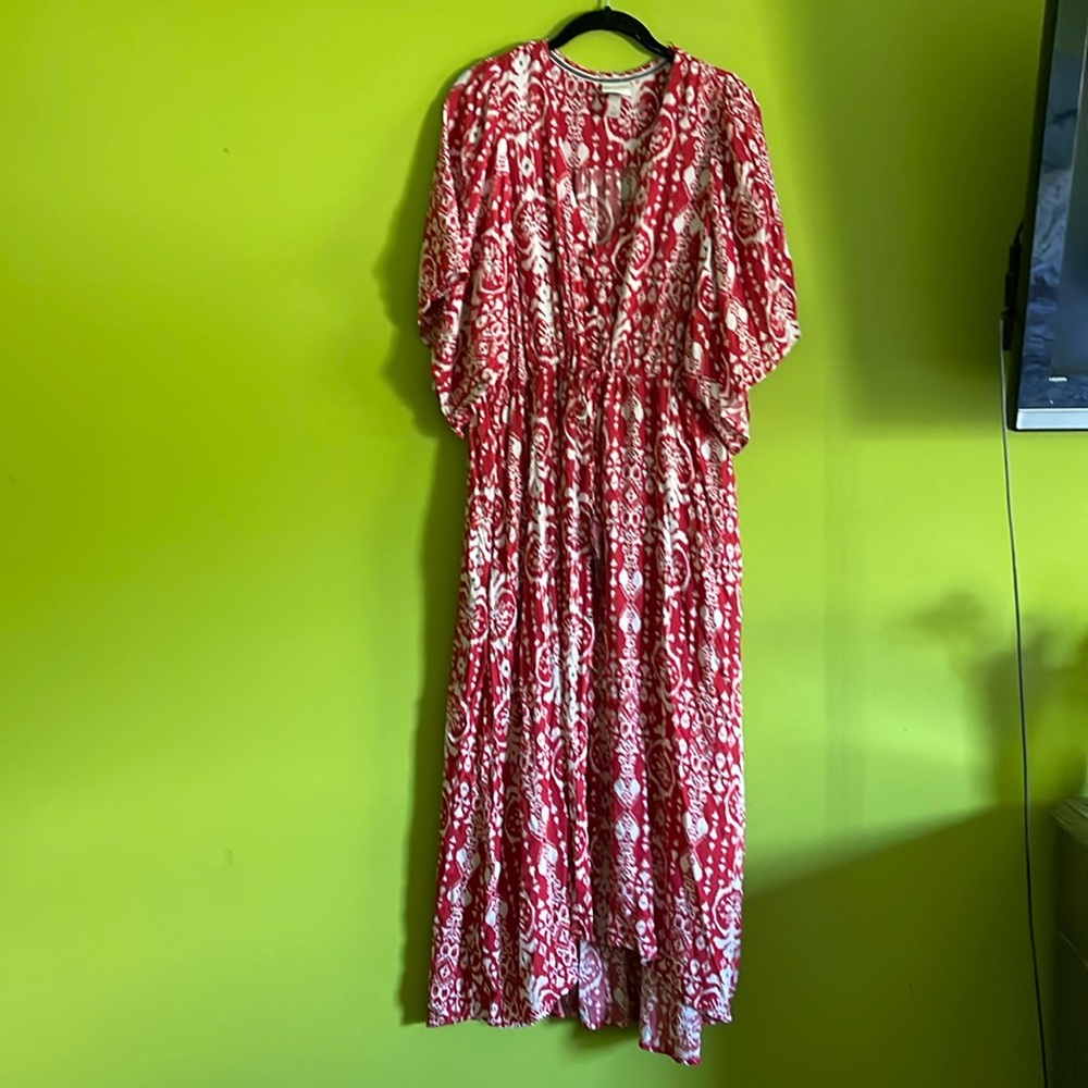 Knox Rose Red & White Ikat Print Kimono Print Maxi Dress Size L